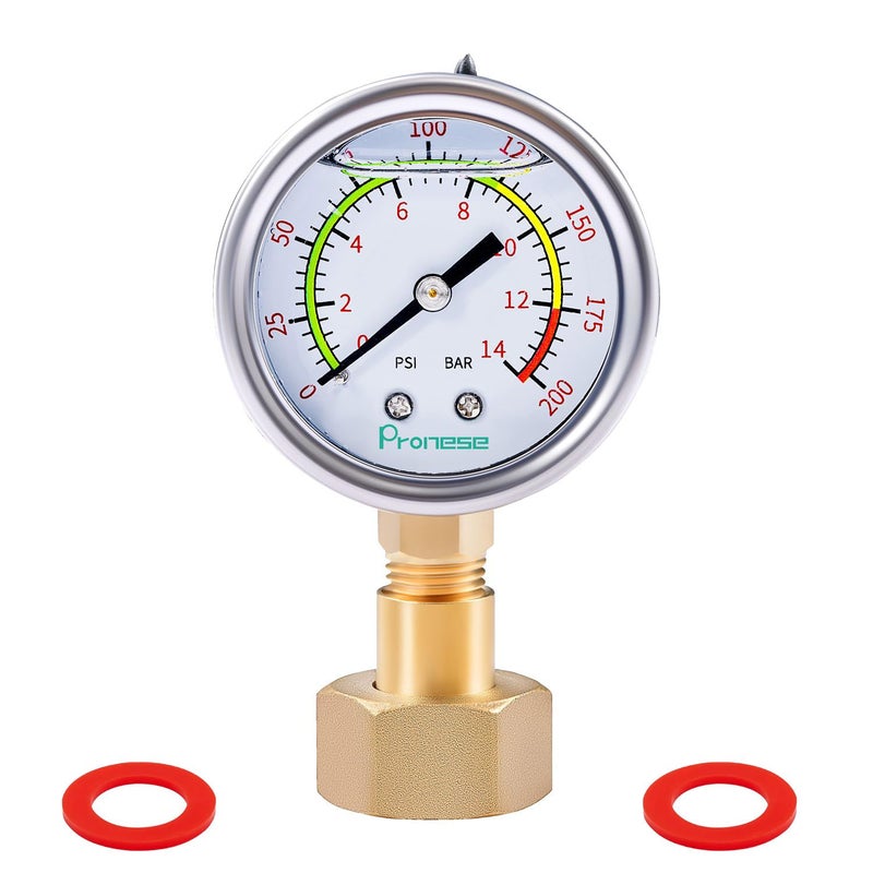 Pronese Stainless Steel Water Test Pressure Gauge Set 2" Dial Size, Lower Mount with Liquid Filled 0~200PSI(Color Coded), 3/4" GHT with Red Washer - Image 1